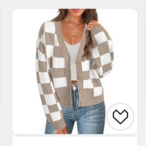 Merokeety Cardigan Sweater Long Sleeve Checkered Tan Beige White Ivory XL